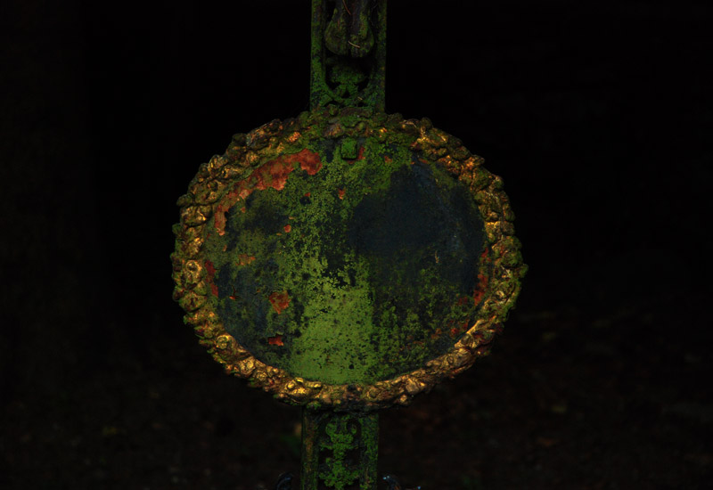 part of a cross on a grave, name taken by patina, moss and lichenic © Beate de Nijs